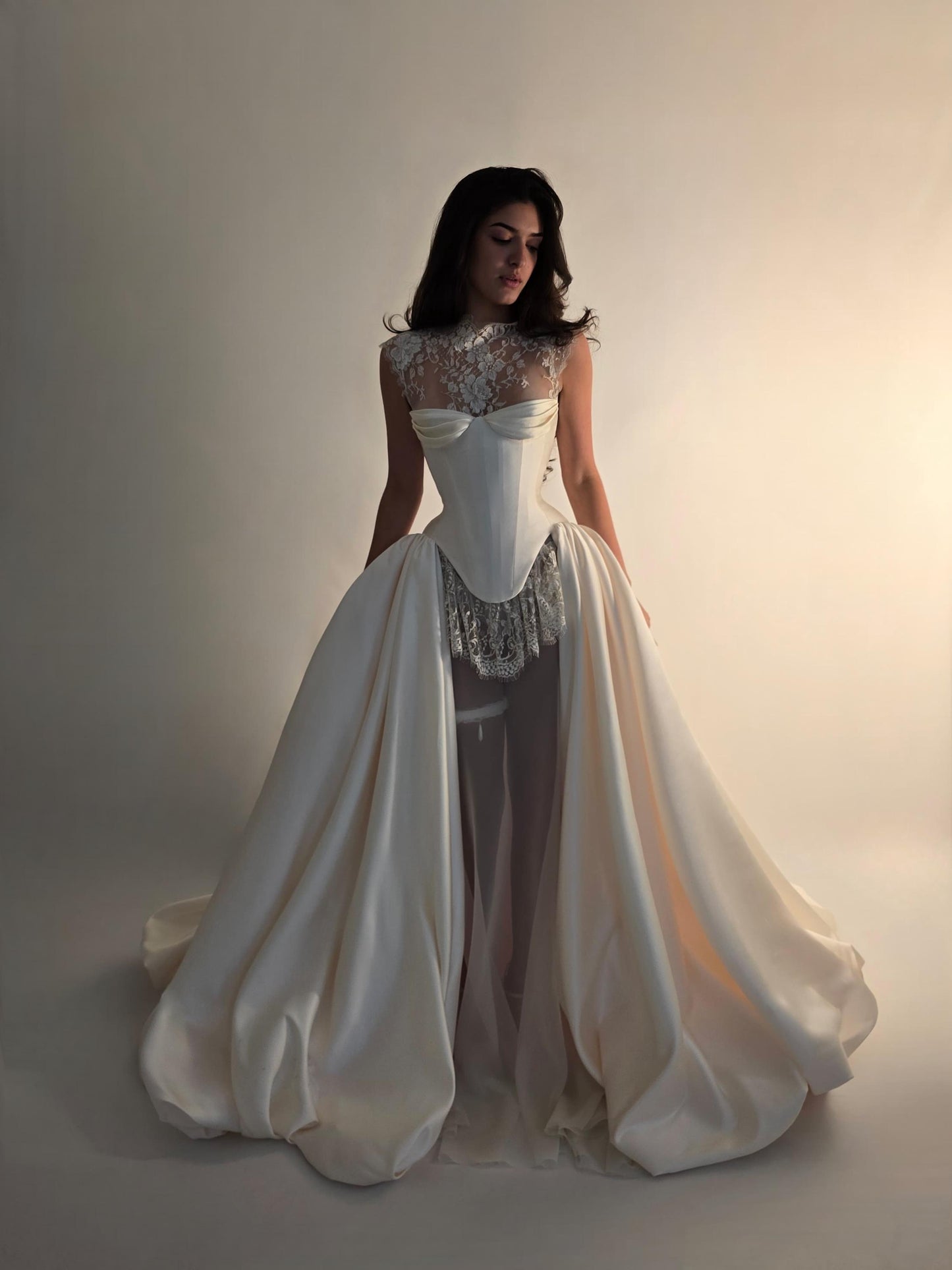 VIOLET + JULIETTE | Pre-Order Custom Bridal Cream Ivory Off White French Chantilly Lace Silk Corset Overskirt Gown Dress