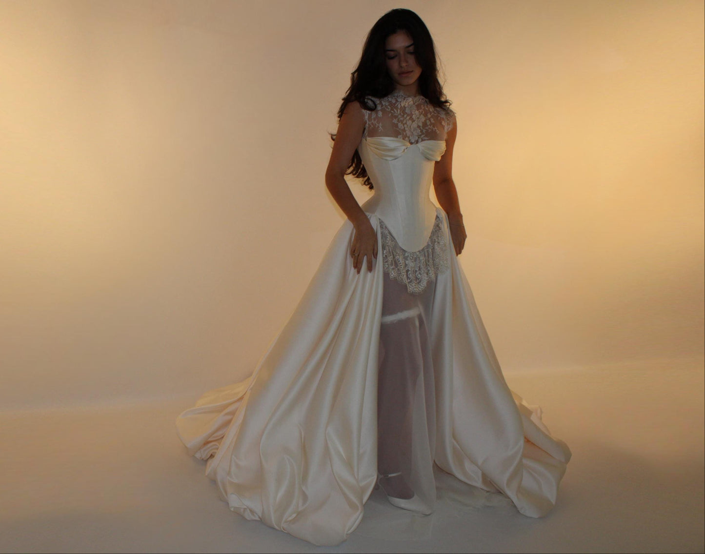 VIOLET + JULIETTE | Pre-Order Custom Bridal Cream Ivory Off White French Chantilly Lace Silk Corset Overskirt Gown Dress