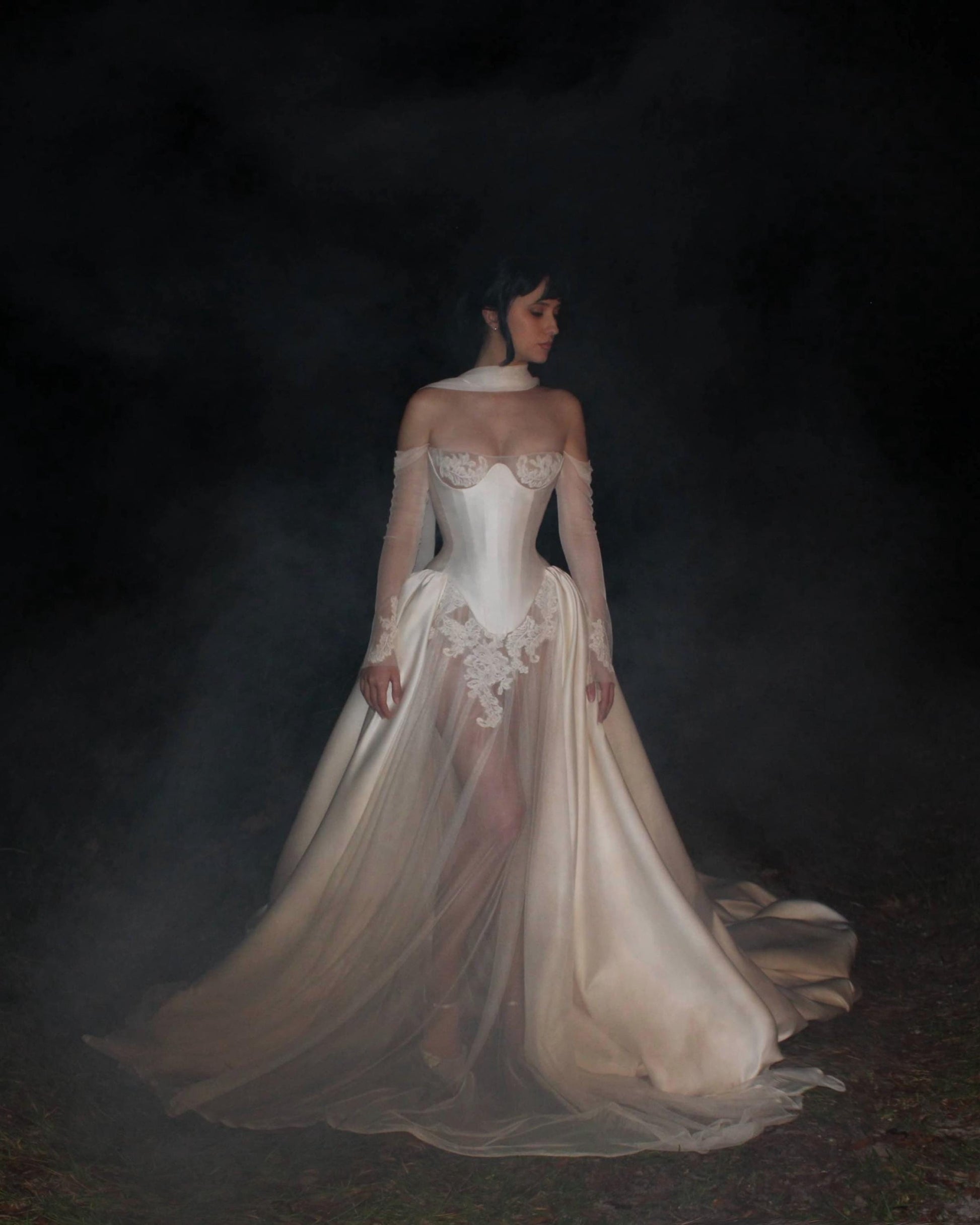 ROMI + JULIETTE | Pre-Order Custom Bridal Cream Ivory Off White French Lace English Net Satin Corset Overskirt Dress Gown