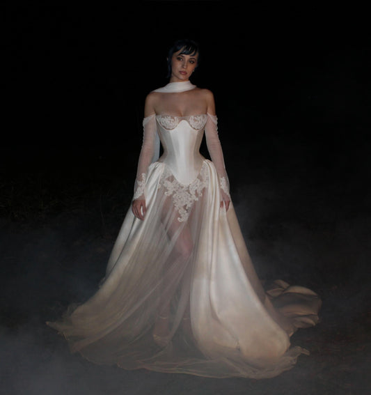 ROMI + JULIETTE | Pre-Order Custom Bridal Cream Ivory Off White French Lace English Net Satin Corset Overskirt Dress Gown