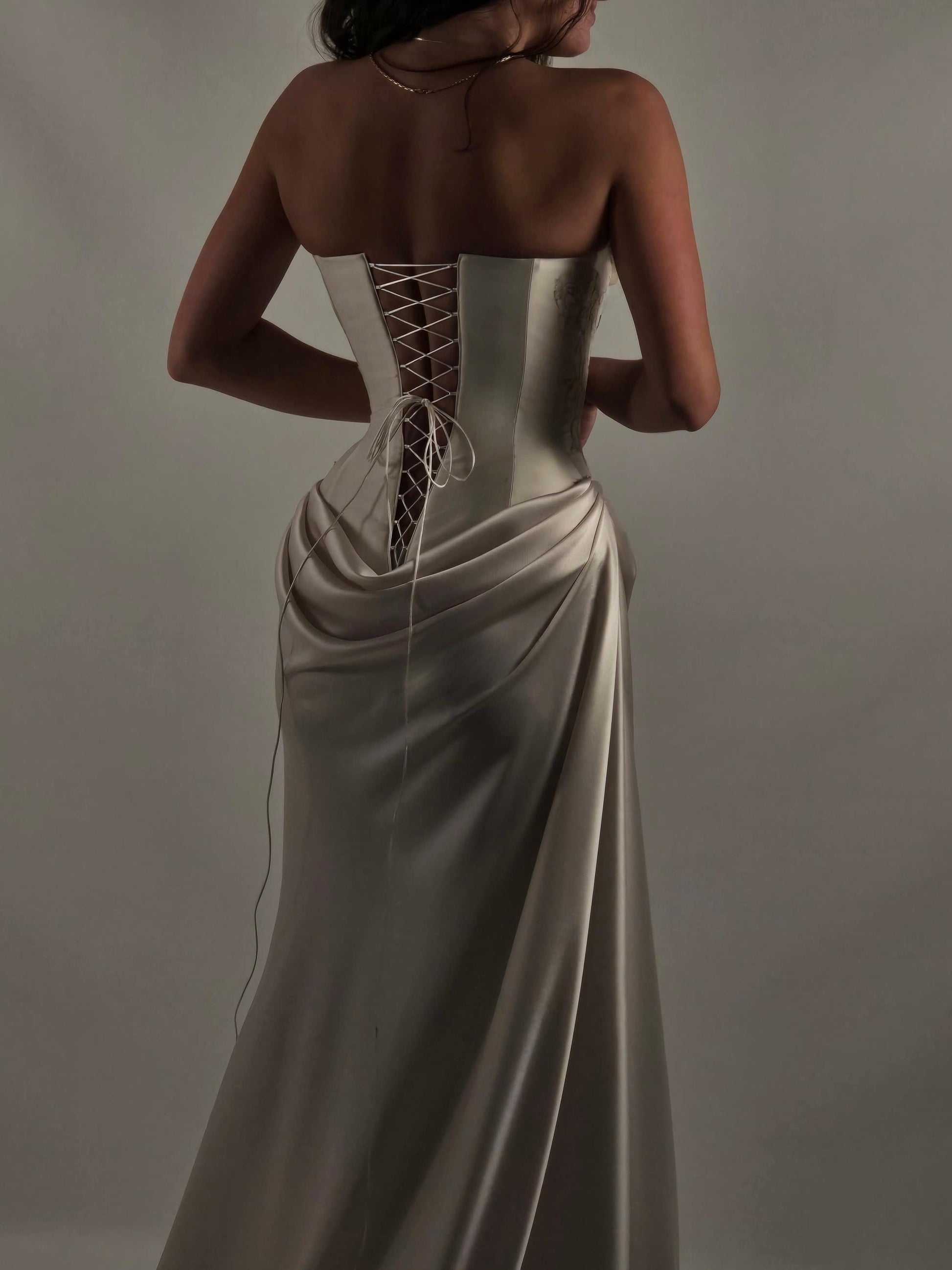 ELENA | Pre-Order Custom Bridal Cream Ivory Off White French Chantilly Lace Silk Satin Corset Draped Skirt Dress Gown