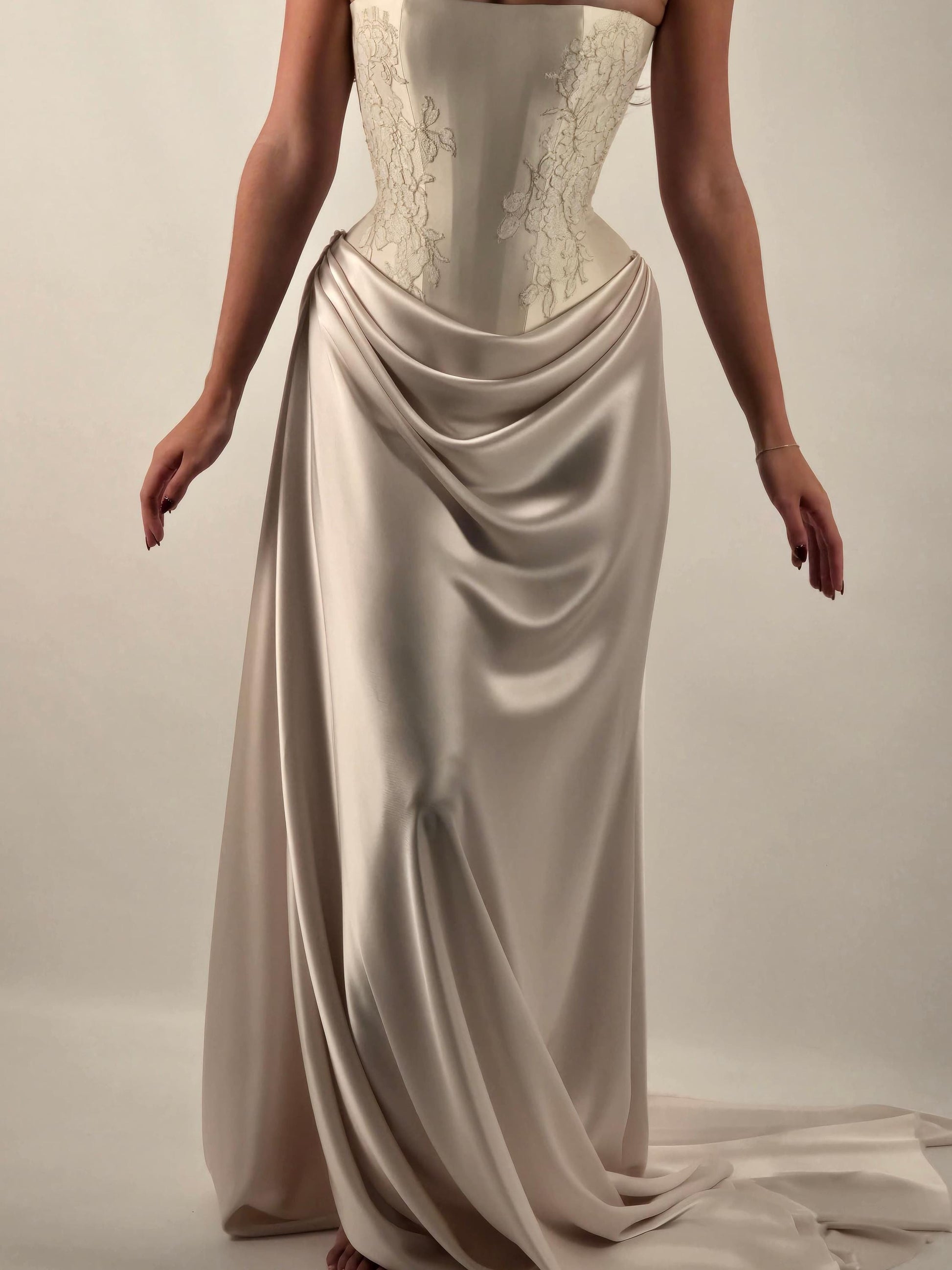 ELENA | Pre-Order Custom Bridal Cream Ivory Off White French Chantilly Lace Silk Satin Corset Draped Skirt Dress Gown