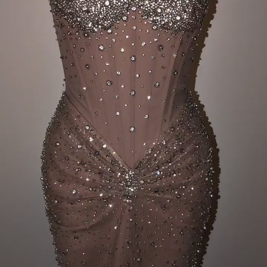 Pre-Order Custom Full Coverage Nude Mesh Diamond Crystal Beaded Hand Embroidered Corset Gown