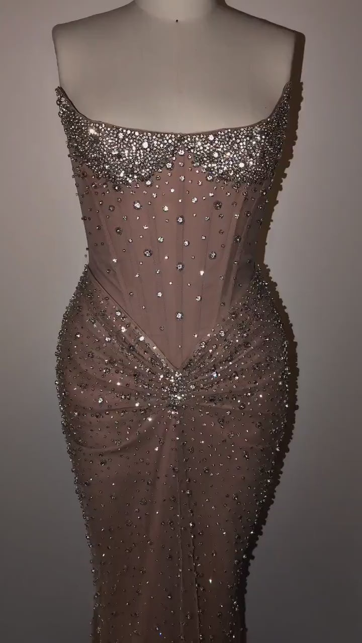 Pre-Order Custom Full Coverage Nude Mesh Diamond Crystal Beaded Hand Embroidered Corset Gown