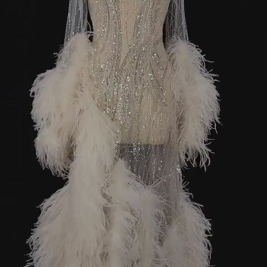 Pre-Order Custom Cream White Sheer Mesh Diamond Crystal Beaded Hand Embroidered Hand Dyed Feather Gown