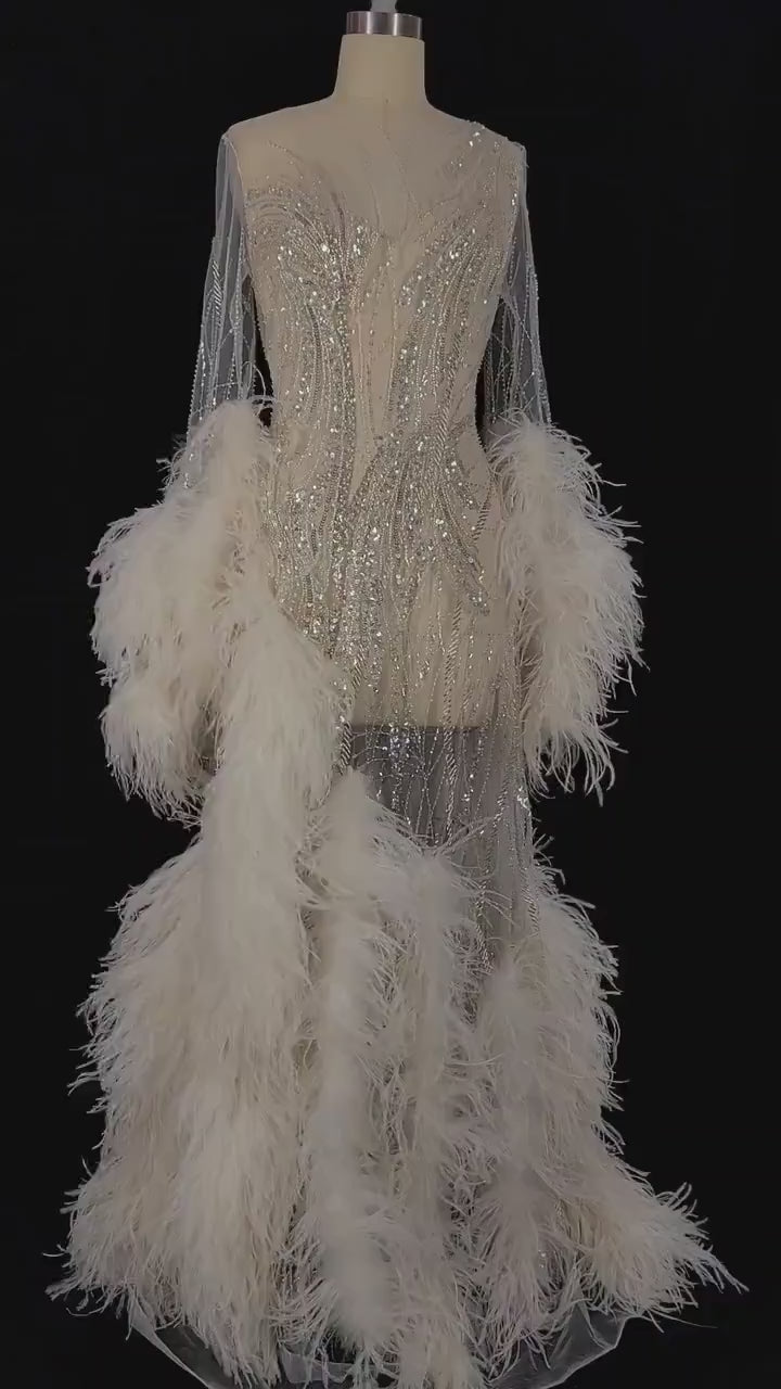 Pre-Order Custom Cream White Sheer Mesh Diamond Crystal Beaded Hand Embroidered Hand Dyed Feather Gown