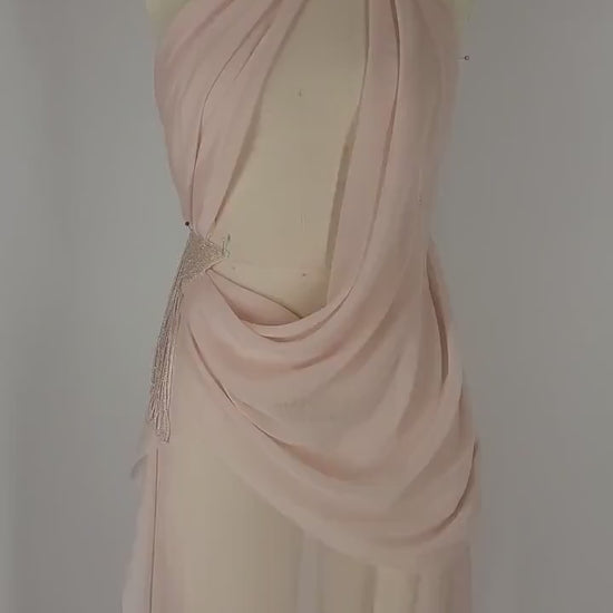 PRE-ORDER Handmade Draped Blush Pink Chiffon Sheer Mesh High Slit Crystal ostrich feathers Gown Dress Formal Prom Bridal Bridesmaids