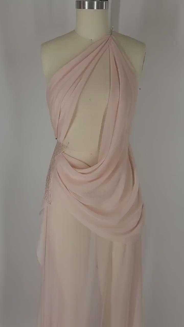 PRE-ORDER Handmade Draped Blush Pink Chiffon Sheer Mesh High Slit Crystal ostrich feathers Gown Dress Formal Prom Bridal Bridesmaids