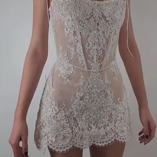 Pre-Order Custom Bridal Cream Off White French Chantilly Lace Sheer Corset Mini Straight Neckline Pearl Crystal Embroidered Mini Dress